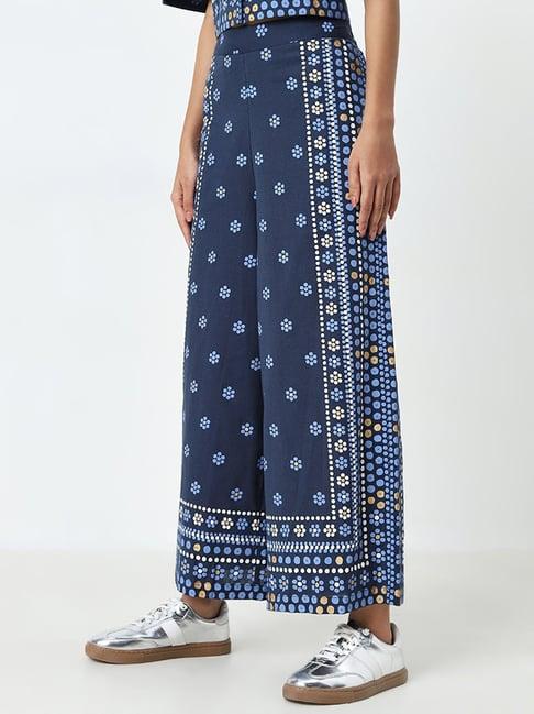 bombay paisley by westside blue printed high-rise cotton blend pants