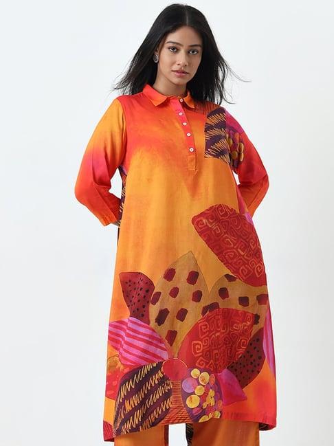 diza by westside orange tropical printed a-line kurta