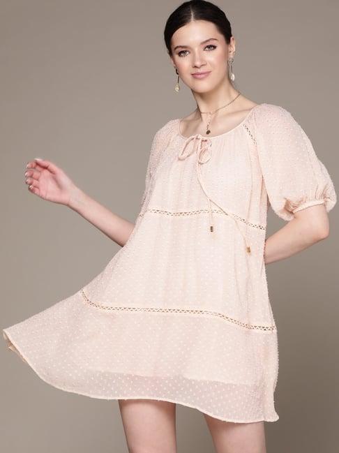 label ritu kumar peach georgette solid t shirt short dress with lace inserts