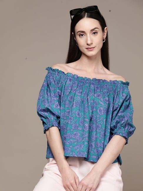 label ritu kumar blue cotton blend floral top