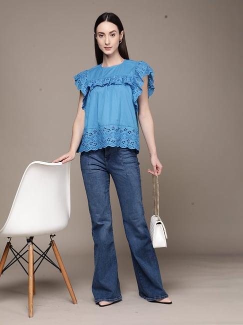 label ritu kumar blue cotton blend solid top