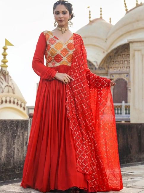 scakhi orange chinon silk solid & bandhani gown with dupatta