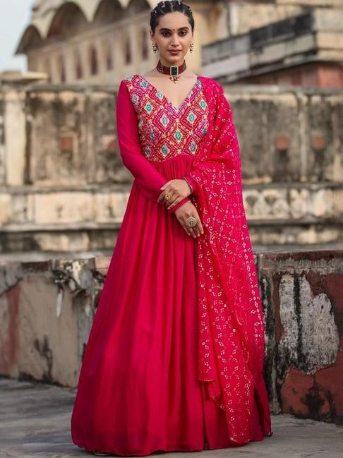 scakhi pink chinon silk solid & bandhani gown with dupatta