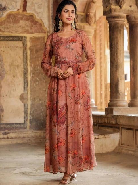 scakhi brown organza floral anarkali gown with belt