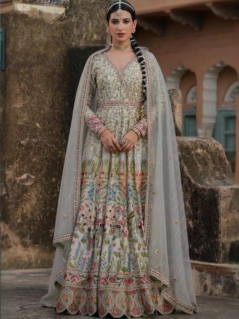 scakhi pistagreen raw silk peacock bagh gown with dupatta