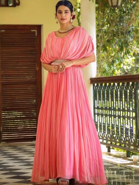 scakhi pink chinon silk candy striped poncho gown with belt