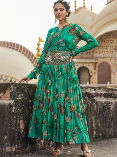 scakhi green chinon silk floral gown with embellished belt