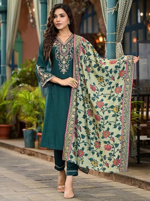 juniper green embroidered kurta with pant & dupatta