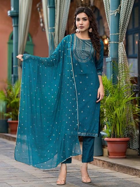 juniper blue printed kurta with pant & dupatta