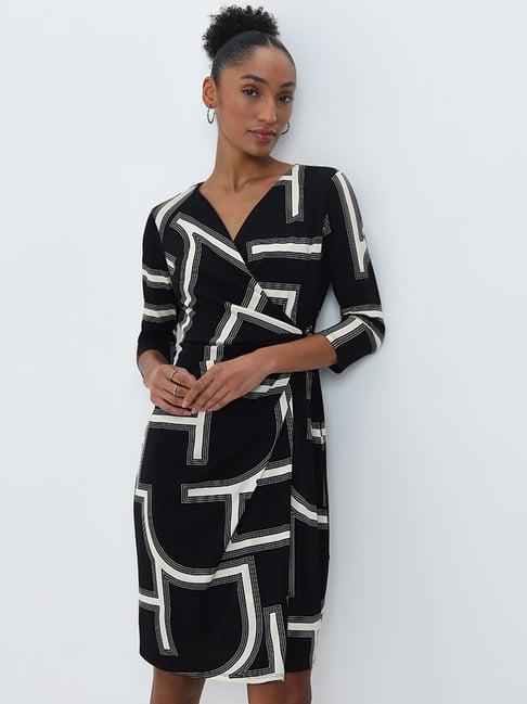 wardrobe by westside black abstract printed wrap dress