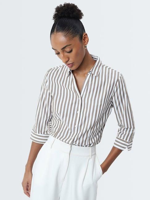 wardrobe by westside taupe stripe printed shirt