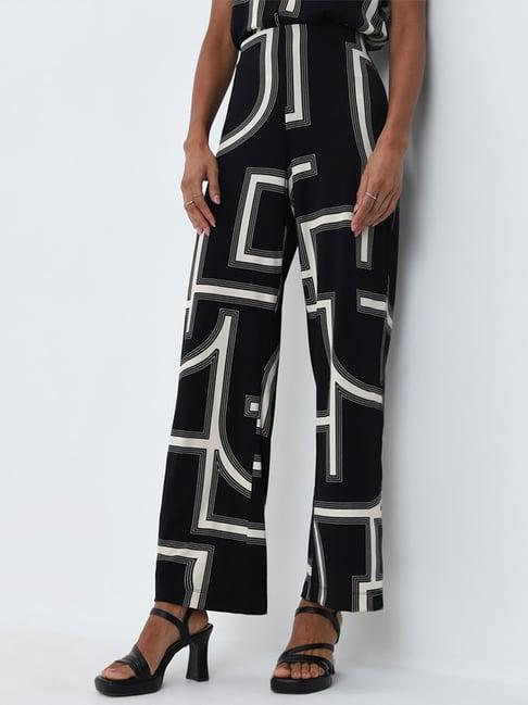 wardrobe by westside black abstract printed high-rise pants