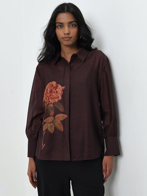 wardrobe by westside brown floral printed shirt with camisole