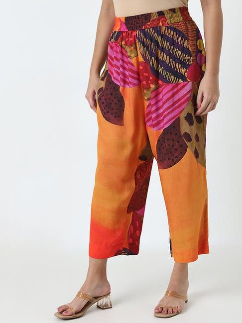 diza by westside orange tropical printed high-rise palazzos