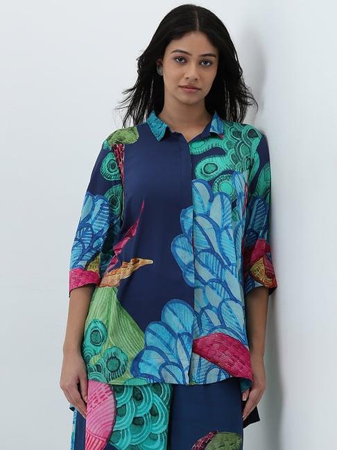 diza by westside blue botanical design straight tunic