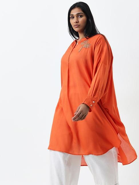 diza by westside orange embellished high-low cotton kurta