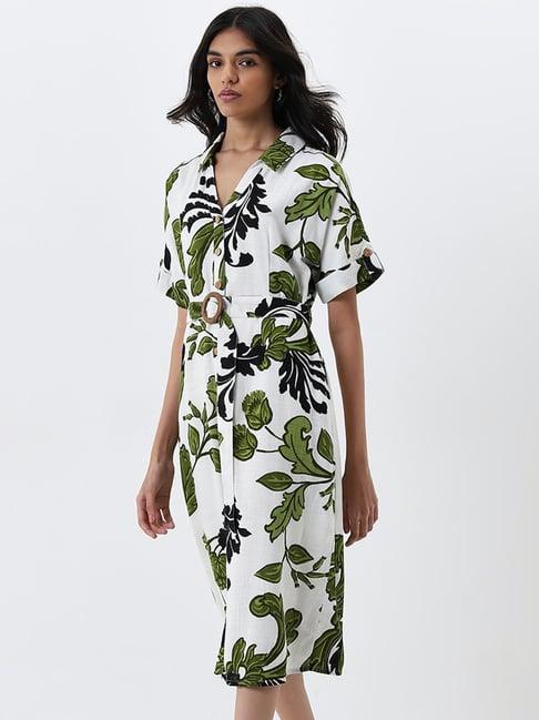 lov by westside white leaf printed a-line shirt dress with belt