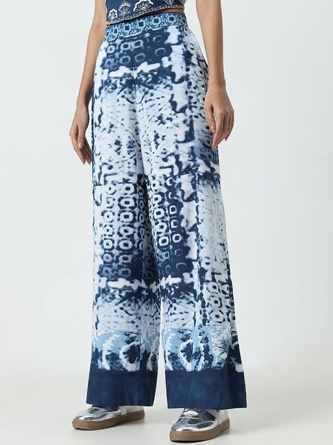 bombay paisley by westside navy blue blotch design high-rise palazzos