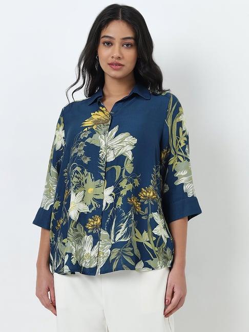 gia by westside teal floral printed shirt