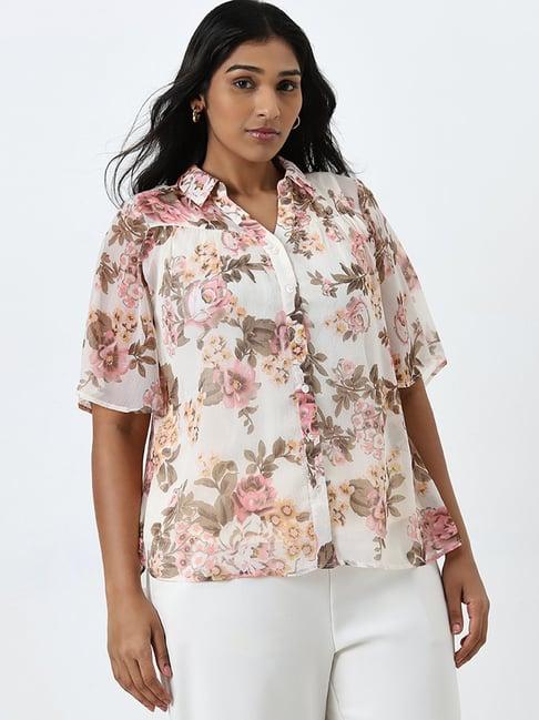 gia by westside cream floral printed shirt with camisole