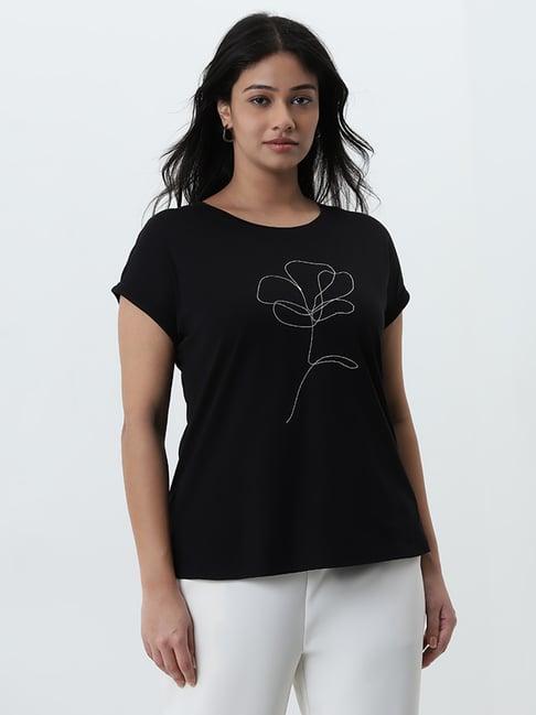 gia by westside black floral design cotton t-shirt