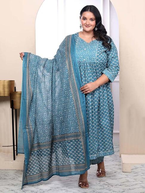 miravan blue floral print kurta with palazzo & dupatta