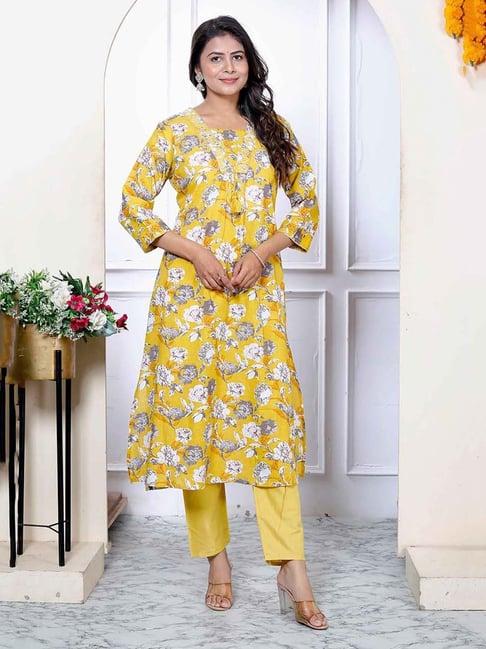 miravan yellow floral print kurta pant set