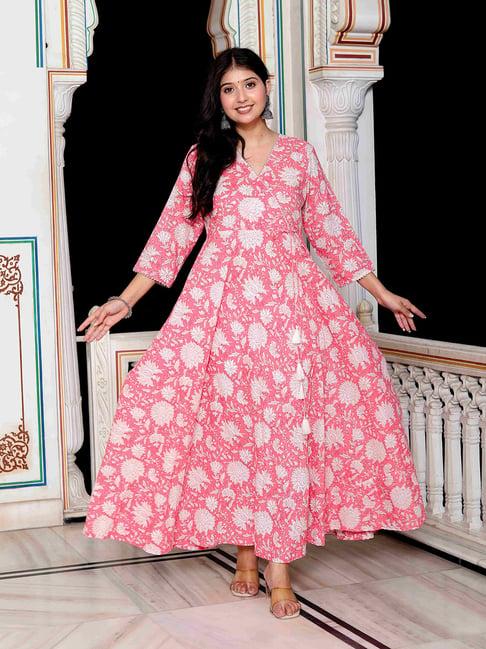 miravan pink floral print angrakha kurta