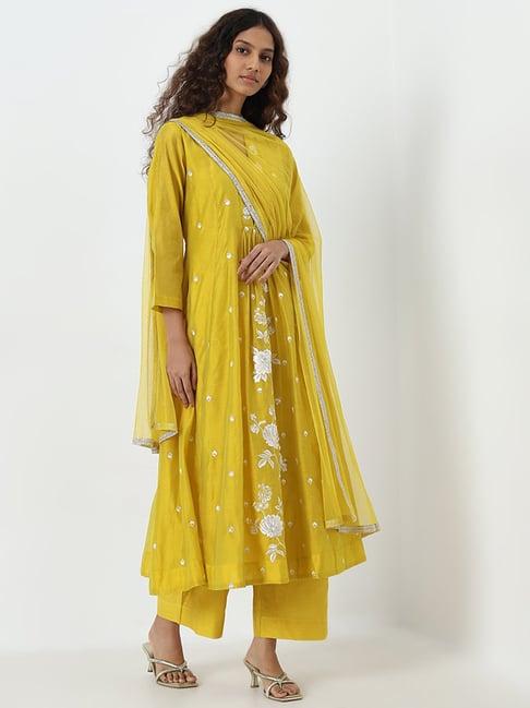 vark by westside yellow floral embroidered kurta, pants and dupatta