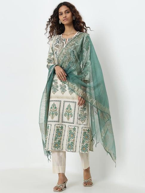 vark by westside green embellished straight kurta, pants and dupatta