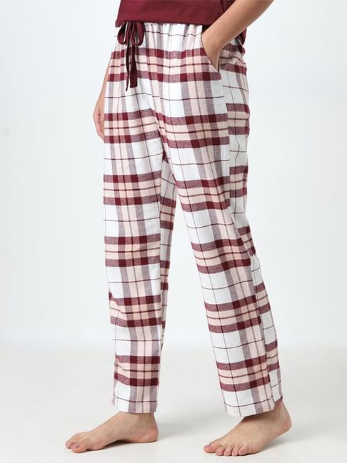 wunderlove by westside burgundy checkered mid-rise cotton lounge pants