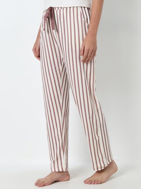 wunderlove by westside off-white striped mid-rise cotton lounge pants