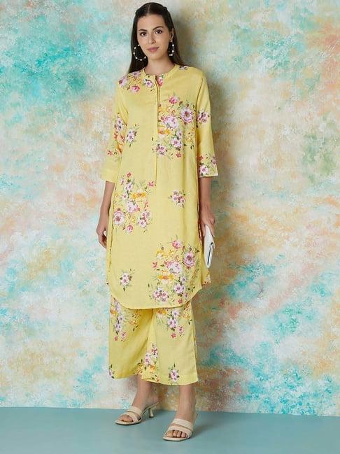 melange by lifestyle yellow printed kurta & palazzo set