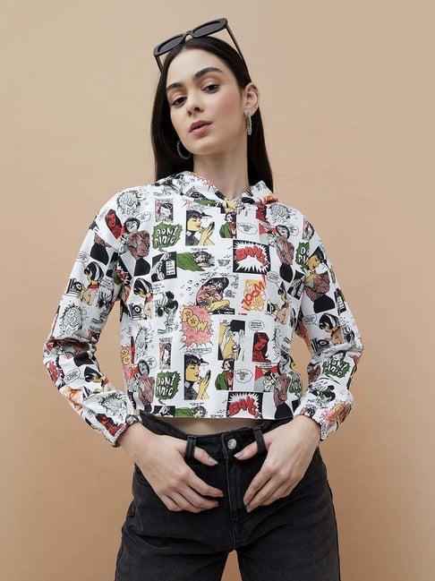 ginger by lifestyle white cotton printed crop sweatshirt