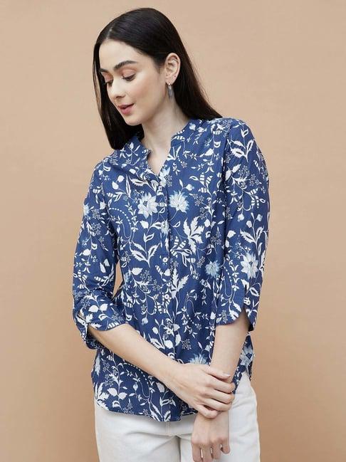 colour me by melange blue cotton printed shirt