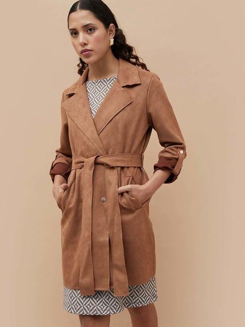 code by lifestyle tan regular fit long jacket