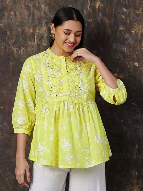 melange by lifestyle yellow cotton embroidered tunic