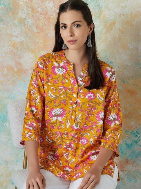 melange by lifestyle mustard printed straight kurti