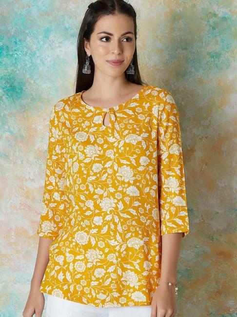 melange by lifestyle yellow printed straight kurti