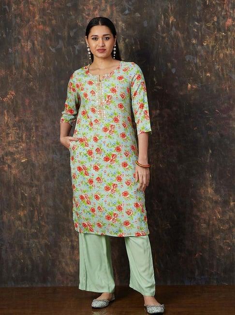 melange by lifestyle sage green printed straight kurta