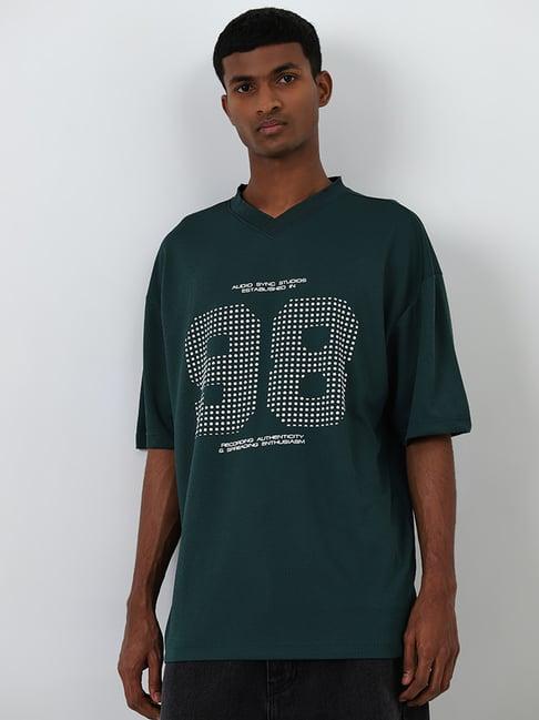 nuon by westside dark green text printed relaxed-fit t-shirt