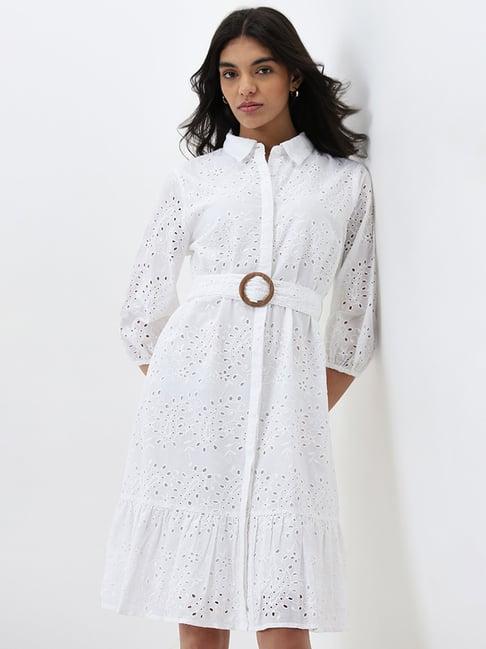 lov by westside white schiffli design cotton shirt dress with belt