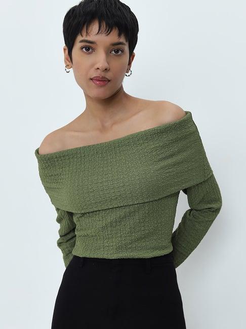 lov by westside green popcorn textured off-shoulder top