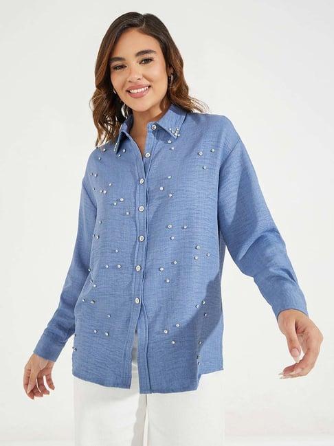 styli blue embellished shirt