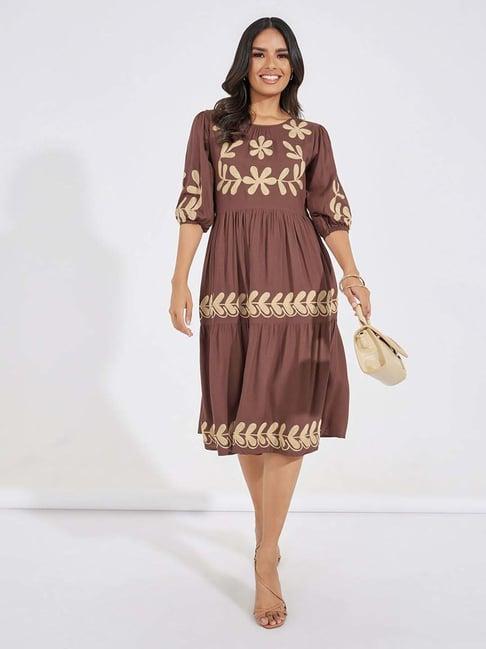 styli brown cotton embroidered a-line dress