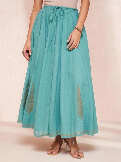 fabindia turquoise cotton self pattern maxi skirt