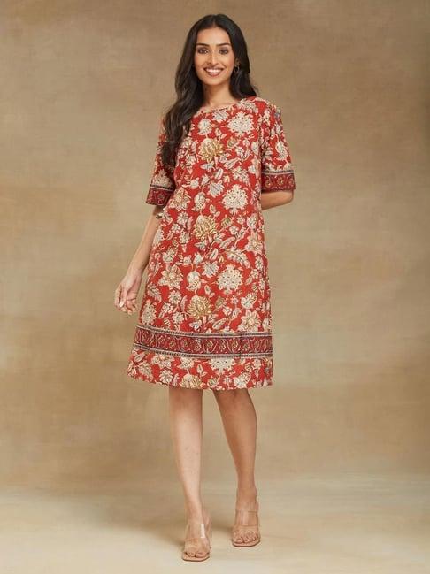 fabindia red cotton printed a-line dress