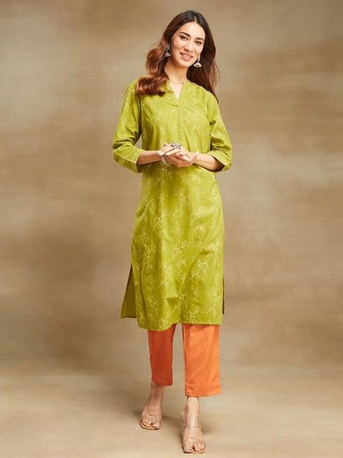 fabindia green cotton printed kurta & pant set