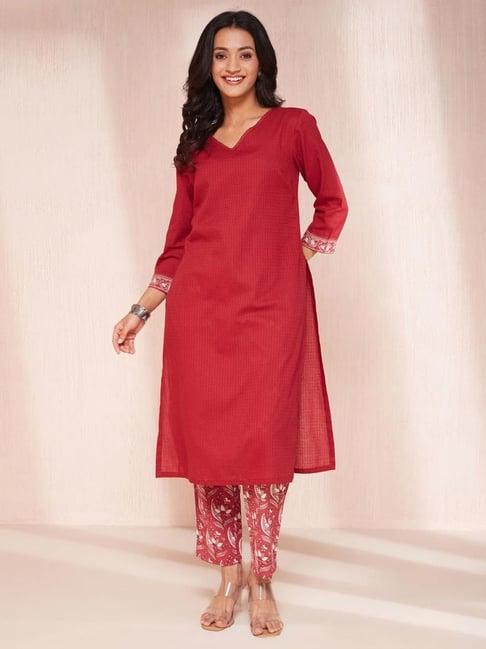 fabindia maroon cotton kurta & pant set