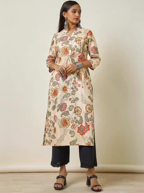 soch beige linen printed straight kurta